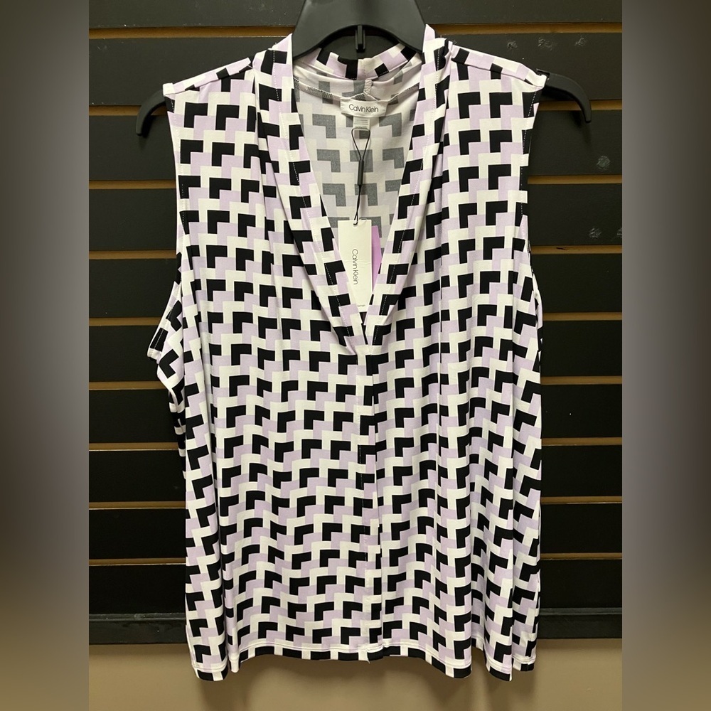 NWT Calvin Klein Geometric Print Stretch Blouse XXL Black White Lavender